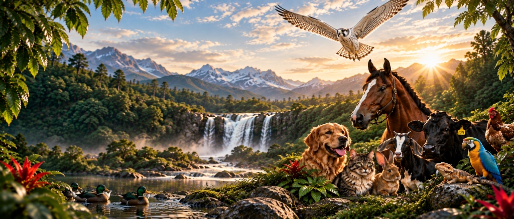 Horse, dog, cat, rabbit, parrot and cattle gathered by a waterfall at sunrise